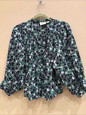 Anthropologie Maeve Women's Printed Button-Front Blouse in Green and Navy